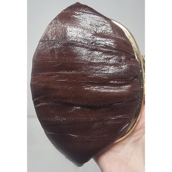 Vtg Eel Skin Leather Double Kiss Lock Brown Gold Coin Change Clutch Wallet 7x5.5 - Picture 3 of 14